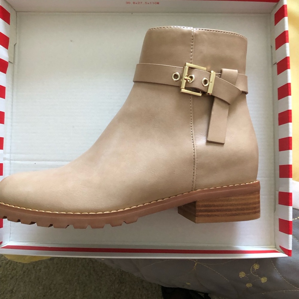 crown & ivy Tan Ankle Boot with Gold Buckles